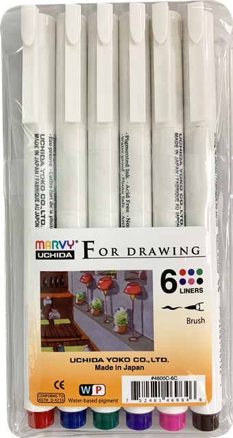 MARVY #4600-6C BRUSH 6C DRAWING TECHNICAL PEN SET